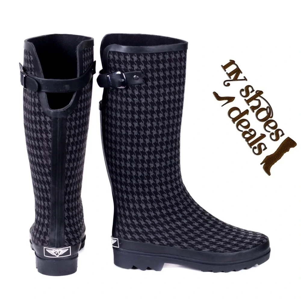 Women's Rubber Rain Boots, Black Fabric-Coated Fashion Rainboots, Size 11, NEW